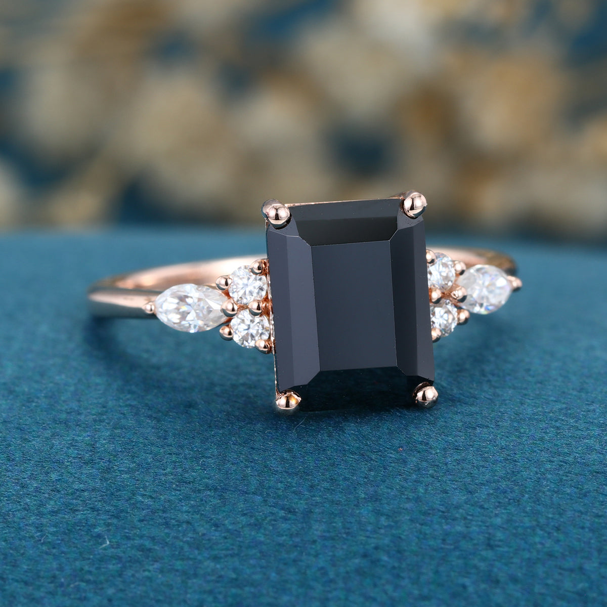 Emerald cut Black Onyx Solid Gold Engagement Ring
