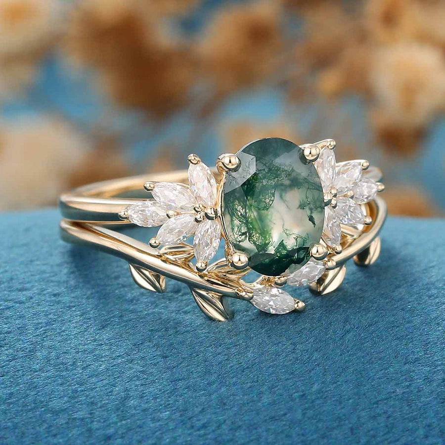 Natural Green Moss Agate Oval Cluster WeddingBridal Sets