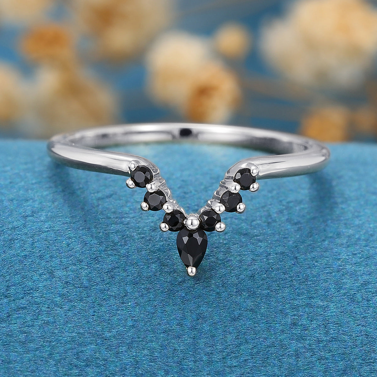 Pear cut Black onyx Curved Wedding Band Ring