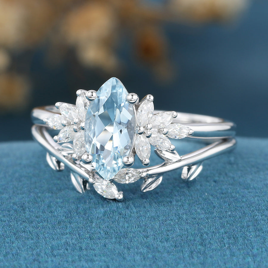 Marquise cut Aquamarine Cluste Engagement ring Bridal Set