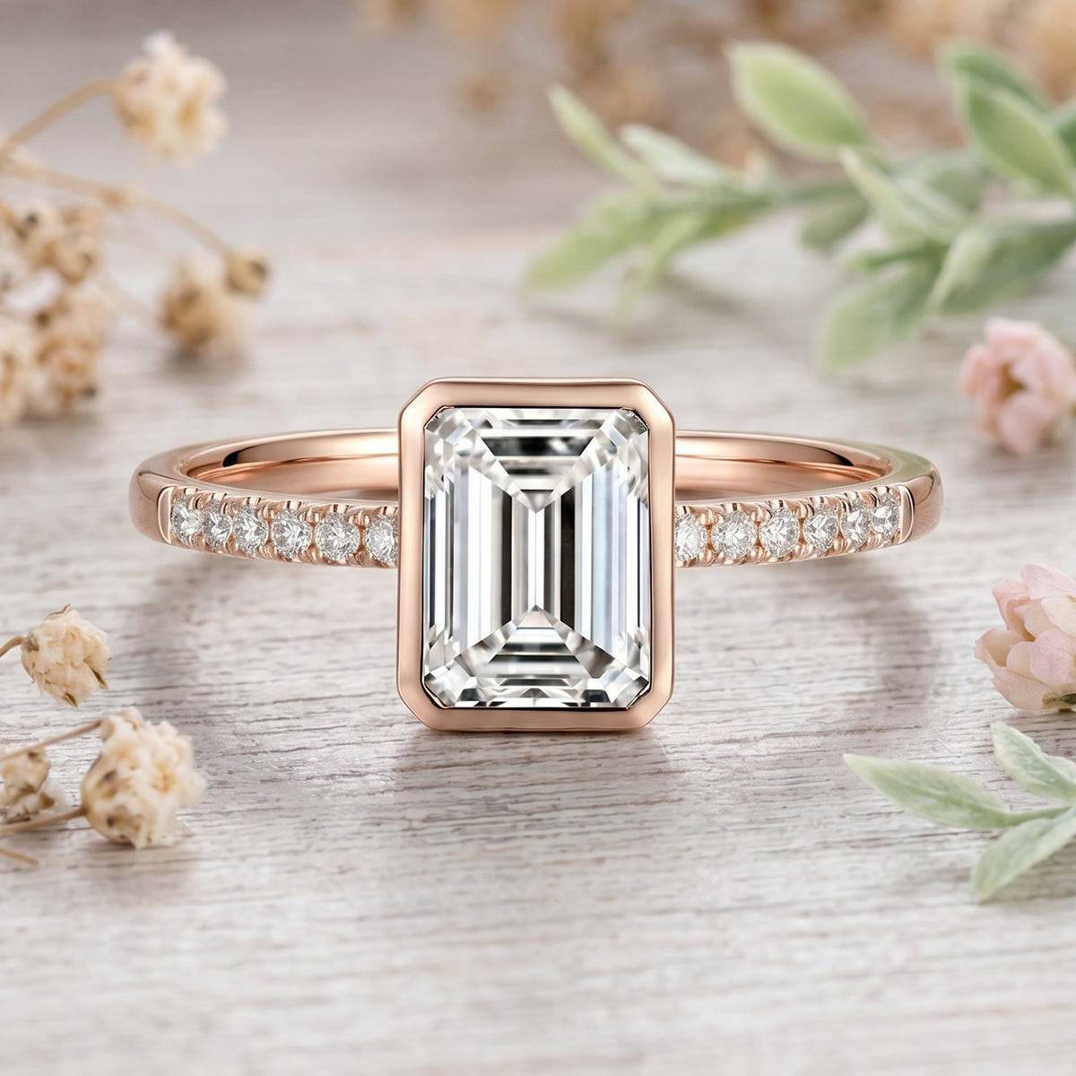 1.0CT~5.0CT Bezel setting Emerald cut Lab grown Diamond Half Eternity Sold Gold Engagement Ring