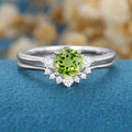 Round cut Olivine Cluster Engagement ring Bridal Set