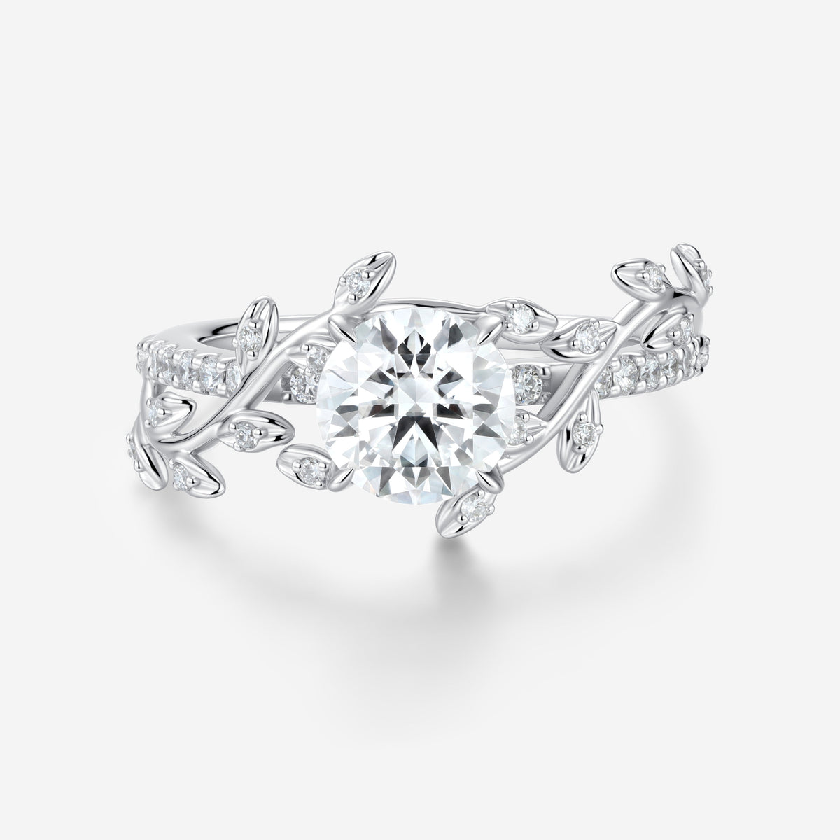 Nature Inspired Round cut Moissanite Leaf Gold Engagement Ring