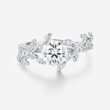 Nature Inspired Round cut Moissanite Leaf Gold Engagement Ring
