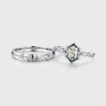 Long Hexagon cut Moss Agate + Diamonds Couple Ring Set His and Hers Wedding Bridal Set