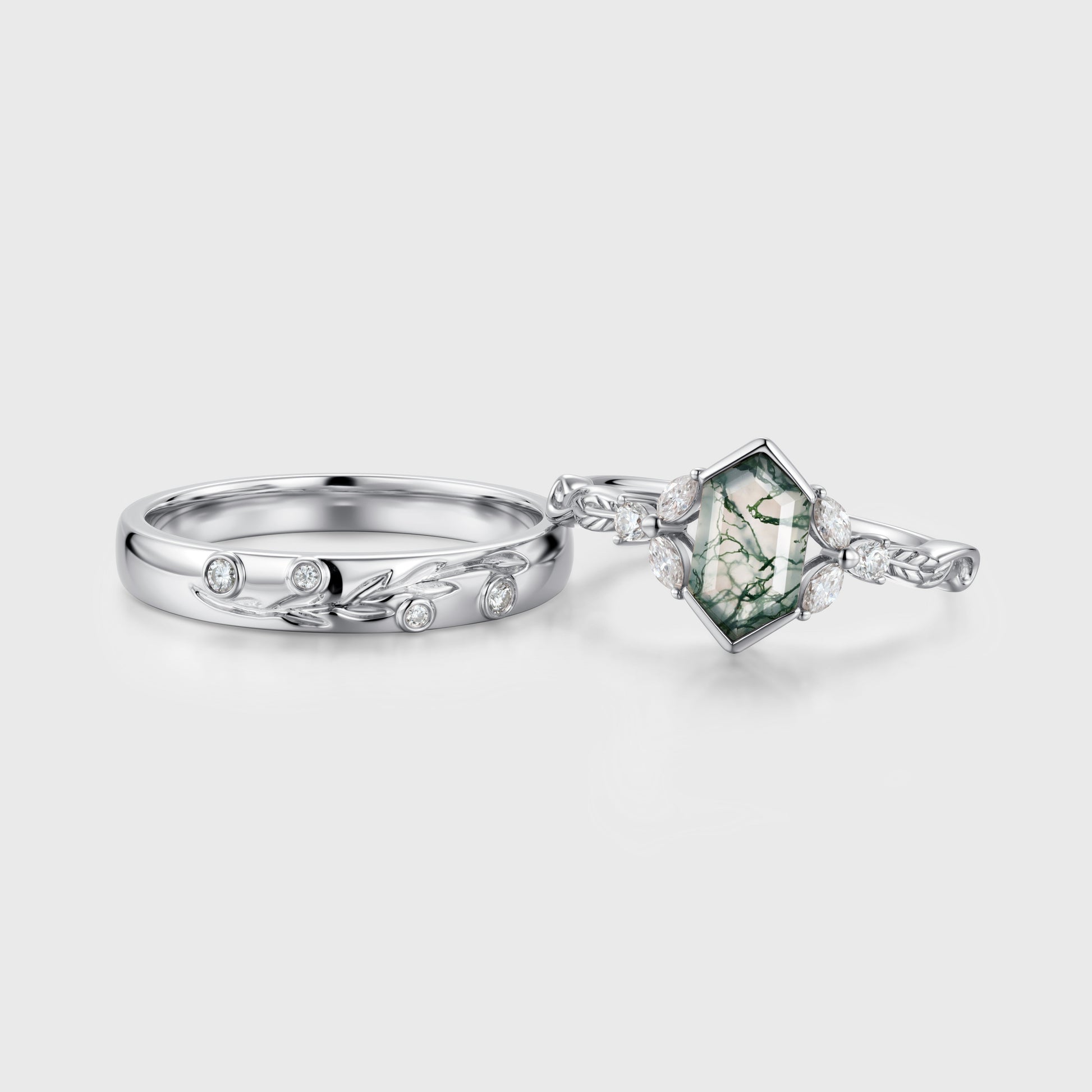 Long Hexagon cut Moss Agate + Diamonds Couple Ring Set His and Hers Wedding Bridal Set