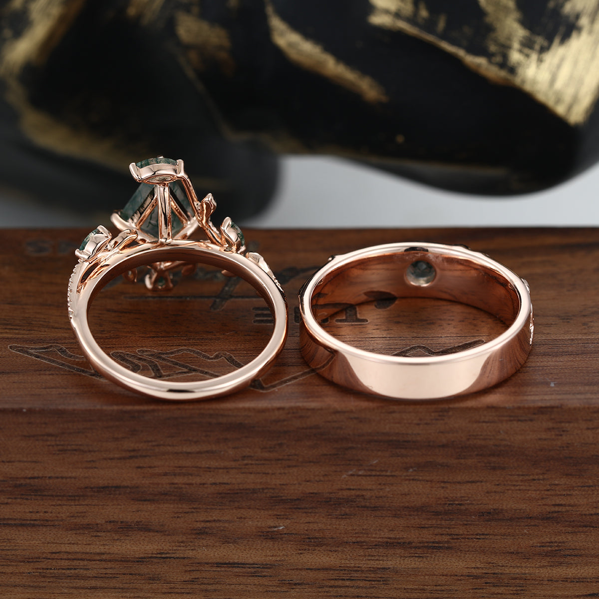 Forever Glow Moss Agate Couple Rings | Rose Gold Leaf Wedding Bridal Set