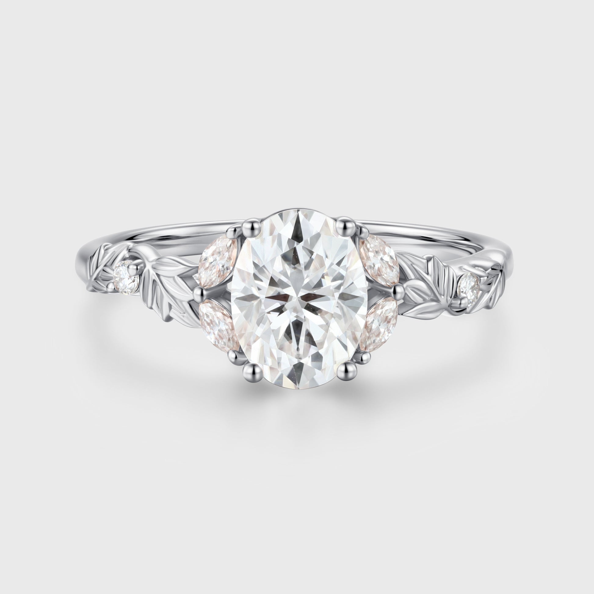 Nature Inspired Oval cut Moissanite Leaf Gold Engagement Ring