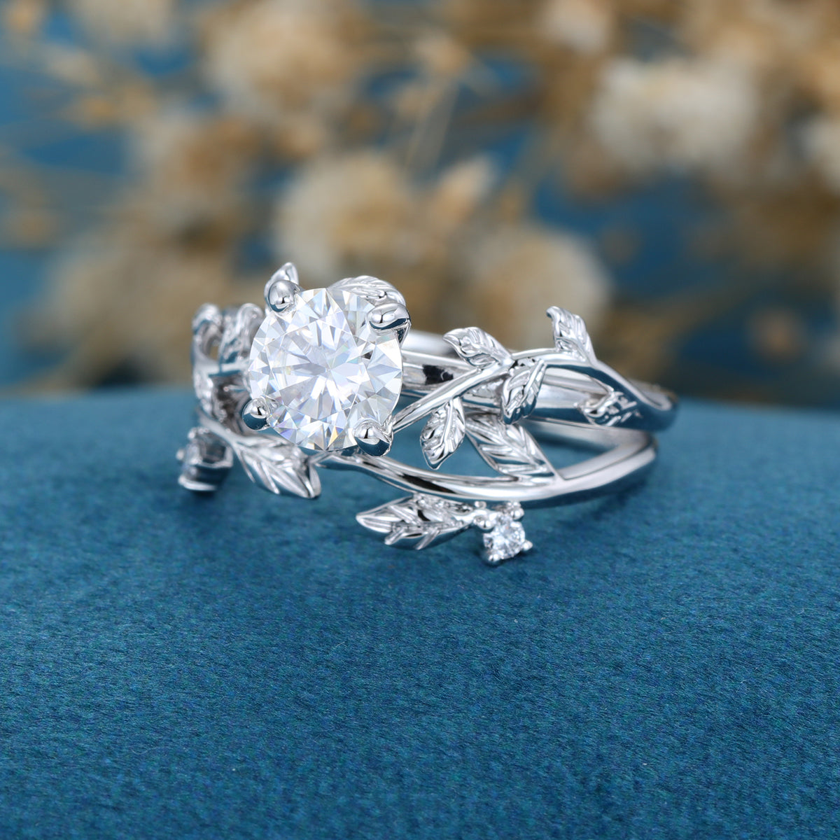 Round cut Moissanite Engagement ring White gold Diamond Wedding Bridal Set