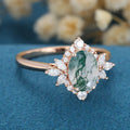 Oval Cut Natural Green Moss Agate Cluster Engagement Ring 