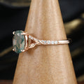 Oval cut Moss Agate Leaf Gold Pave Diamonds Engagement Ring