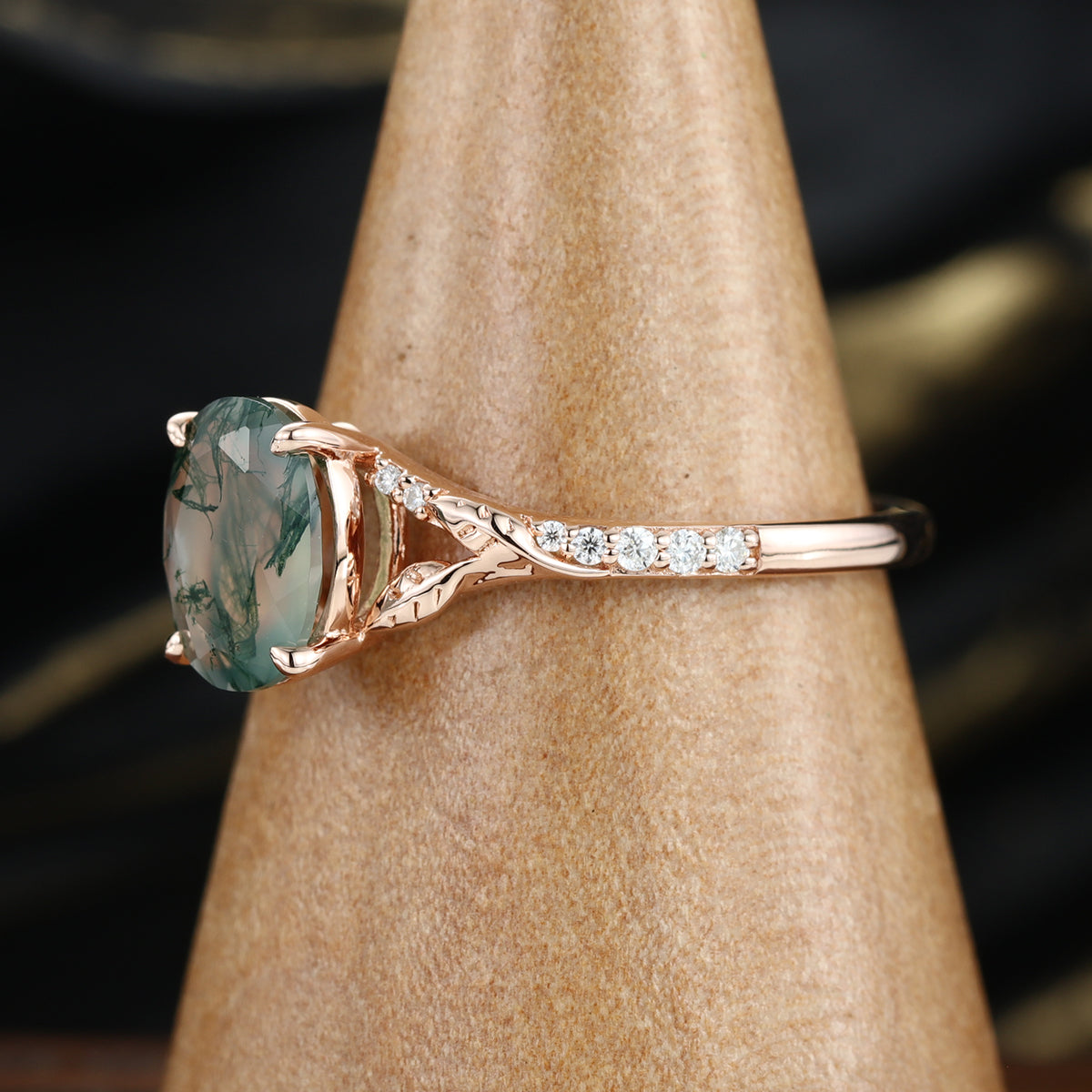 Oval cut Moss Agate Leaf Gold Pave Diamonds Engagement Ring
