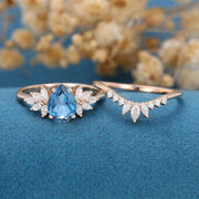 Pear cut London Blue Topaz Cluster Engagement ring Bridal Set 
