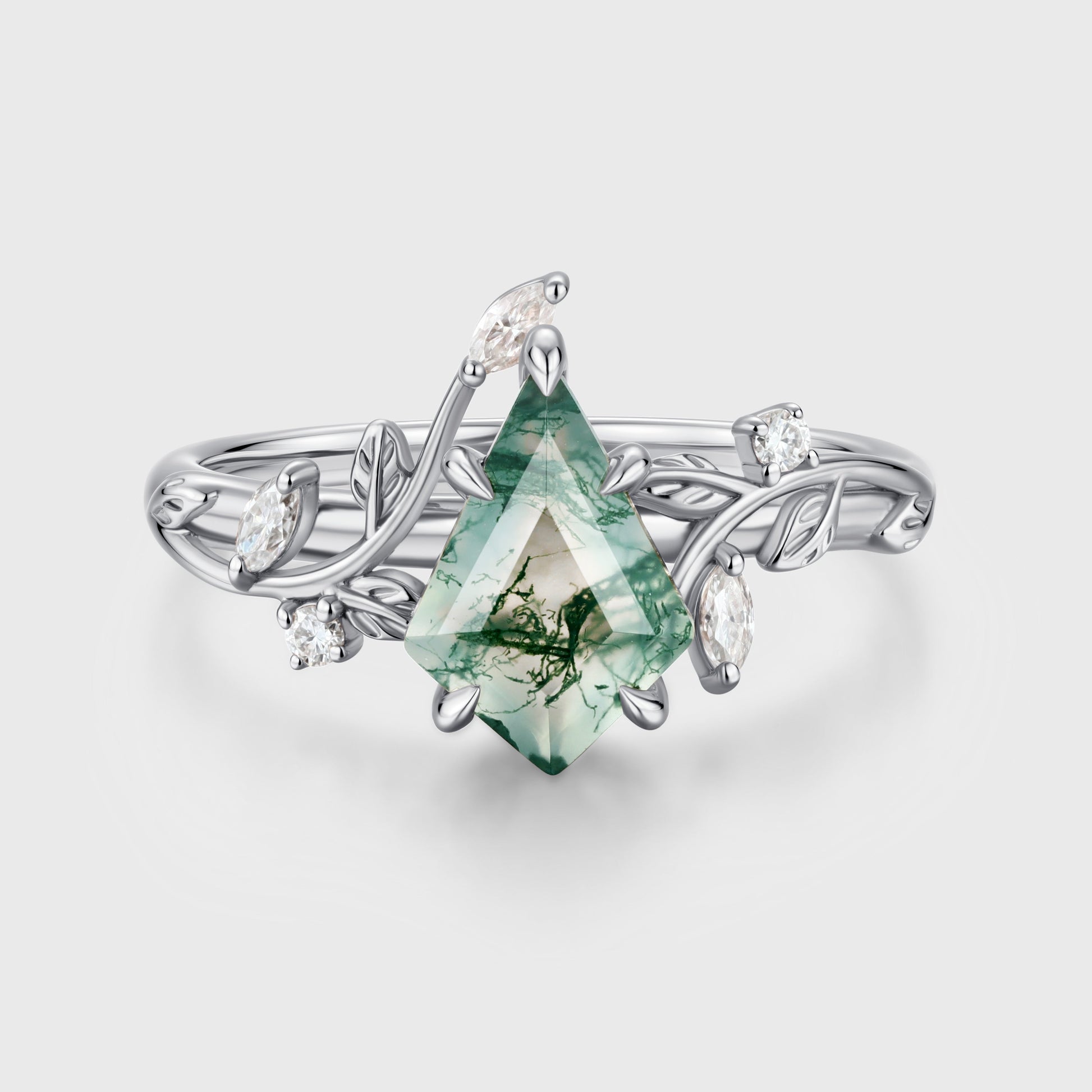 Nature Inspired Kite cut Moss Agate Leaf Gold Engagement Ring