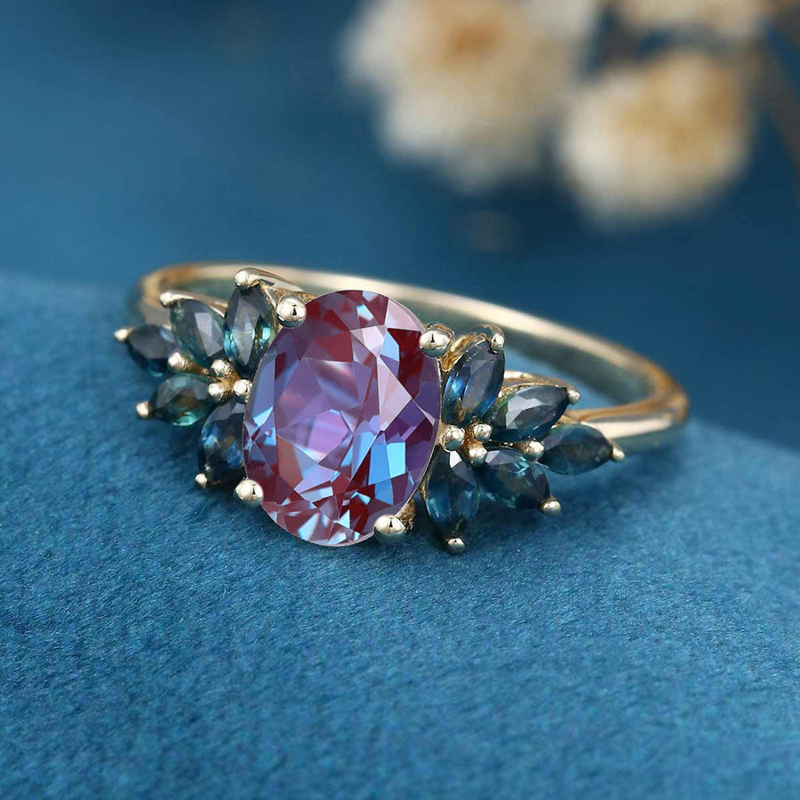 Oval cut Alexandrite Cluster Engagement Ring 