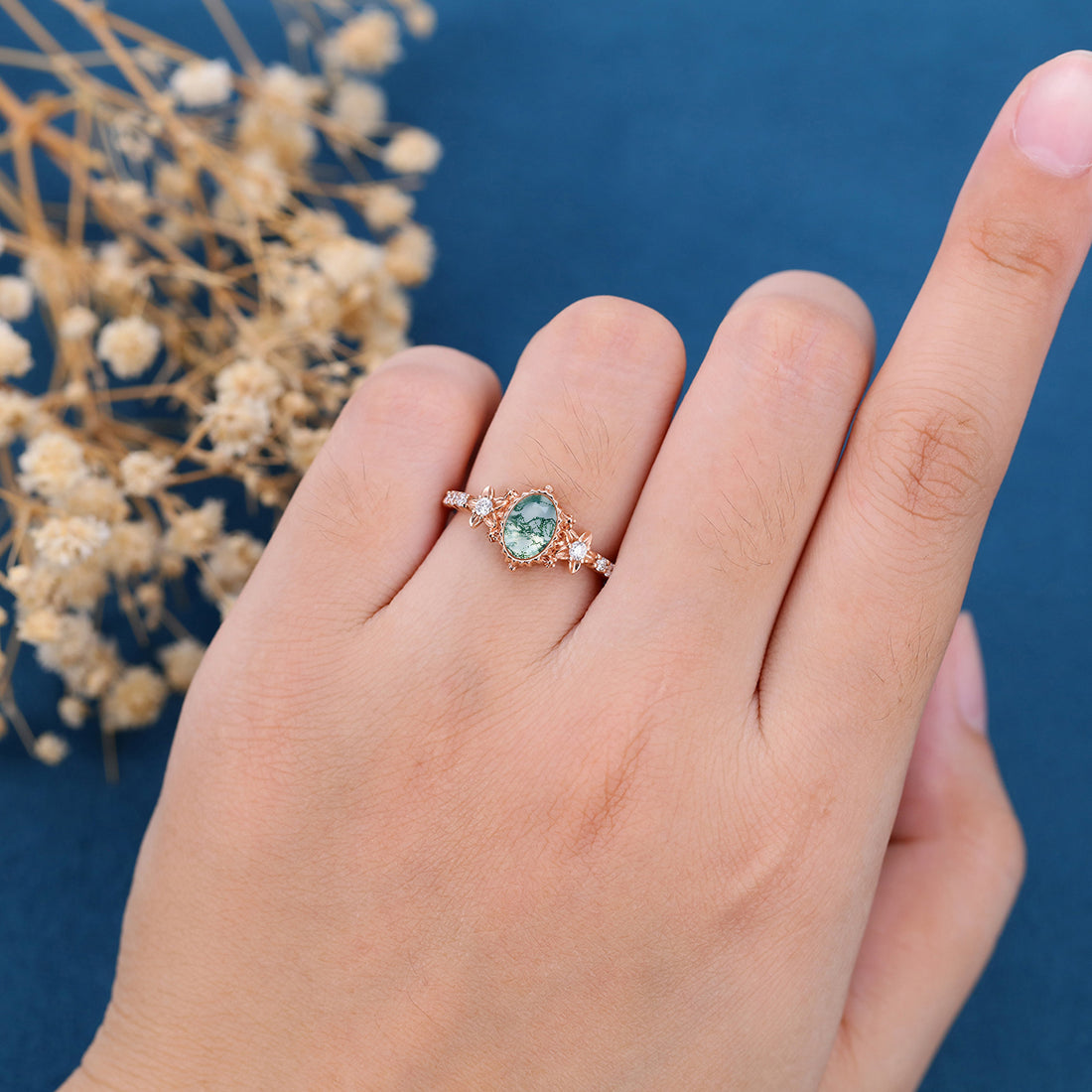 Bezel setting Oval cut Moss Agate Halo Moissanite | Diamonds Gold Engagement Ring