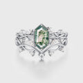 Hexagon cut Moss Agate Side Stone Bridal Set