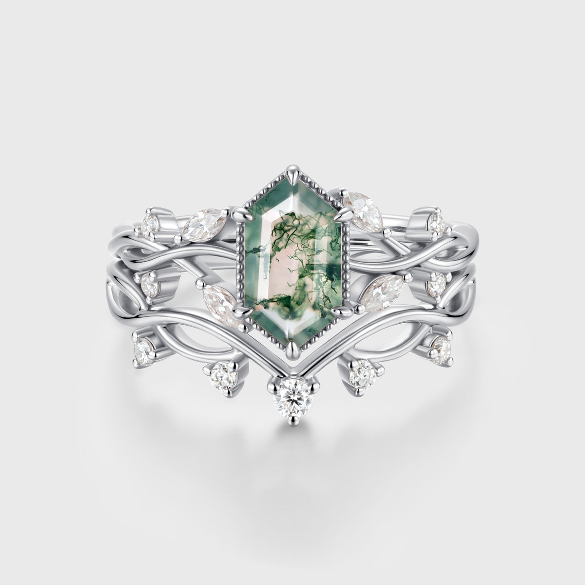 Hexagon cut Moss Agate Side Stone Bridal Set