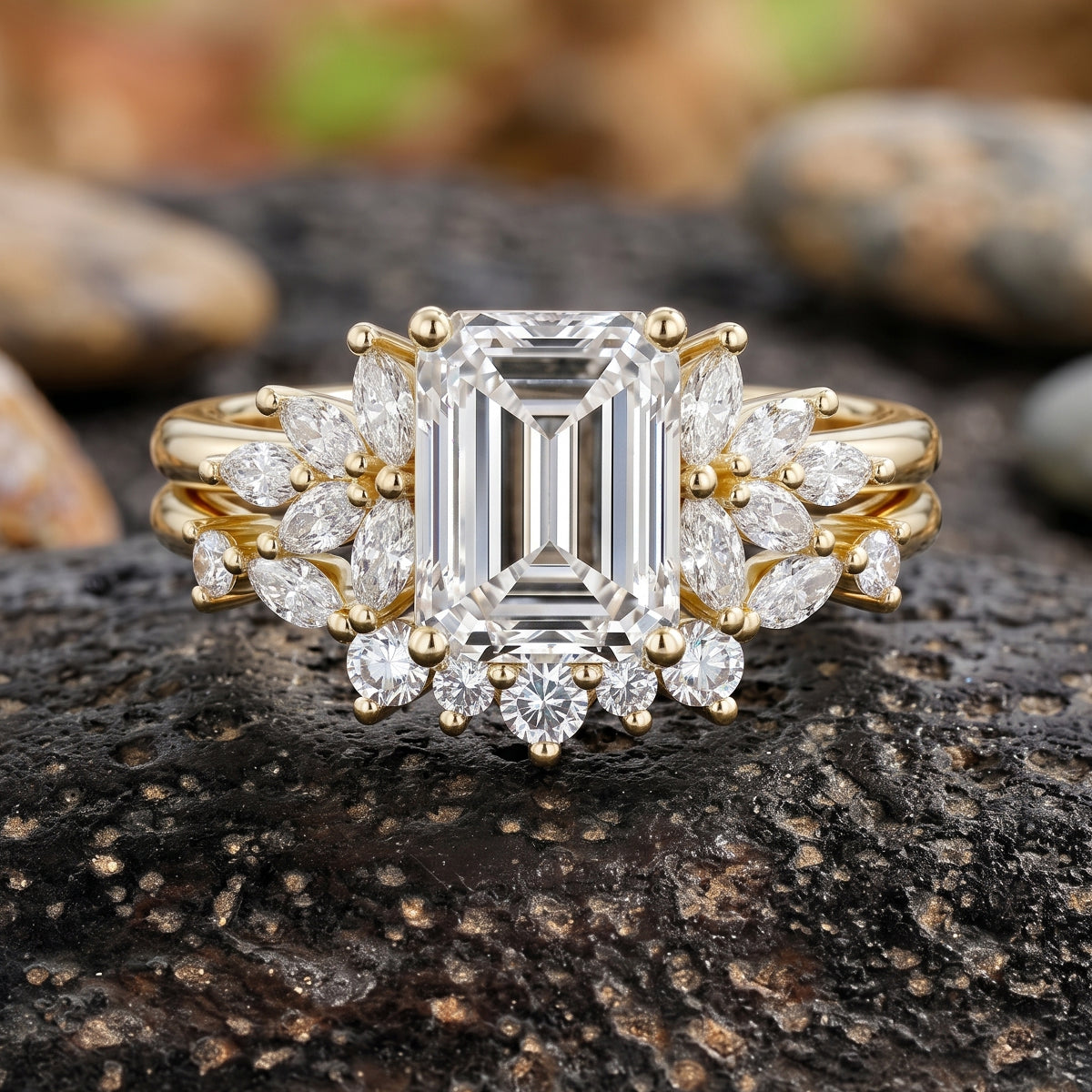 1.0CT~5.0CT Emerald cut Lab grown Diamond Cluster Engagement Ring Set
