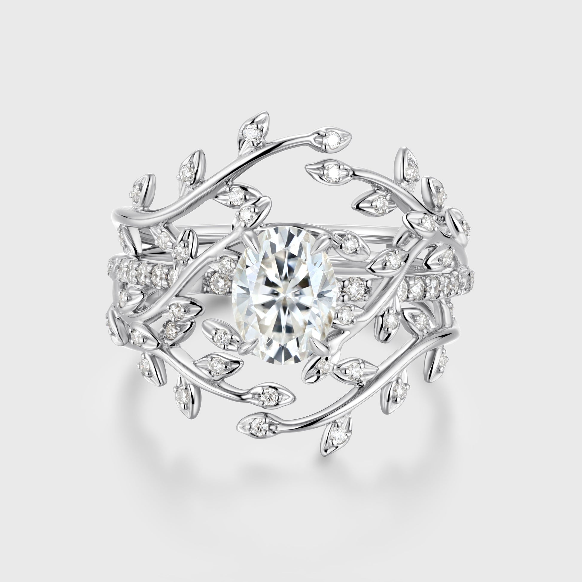 Nature Inspired Oval cut Moissanite Leaf Gold ring set