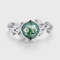 Nature Inspired Round cut Moss Agate Leaf Gold Engagement Ring