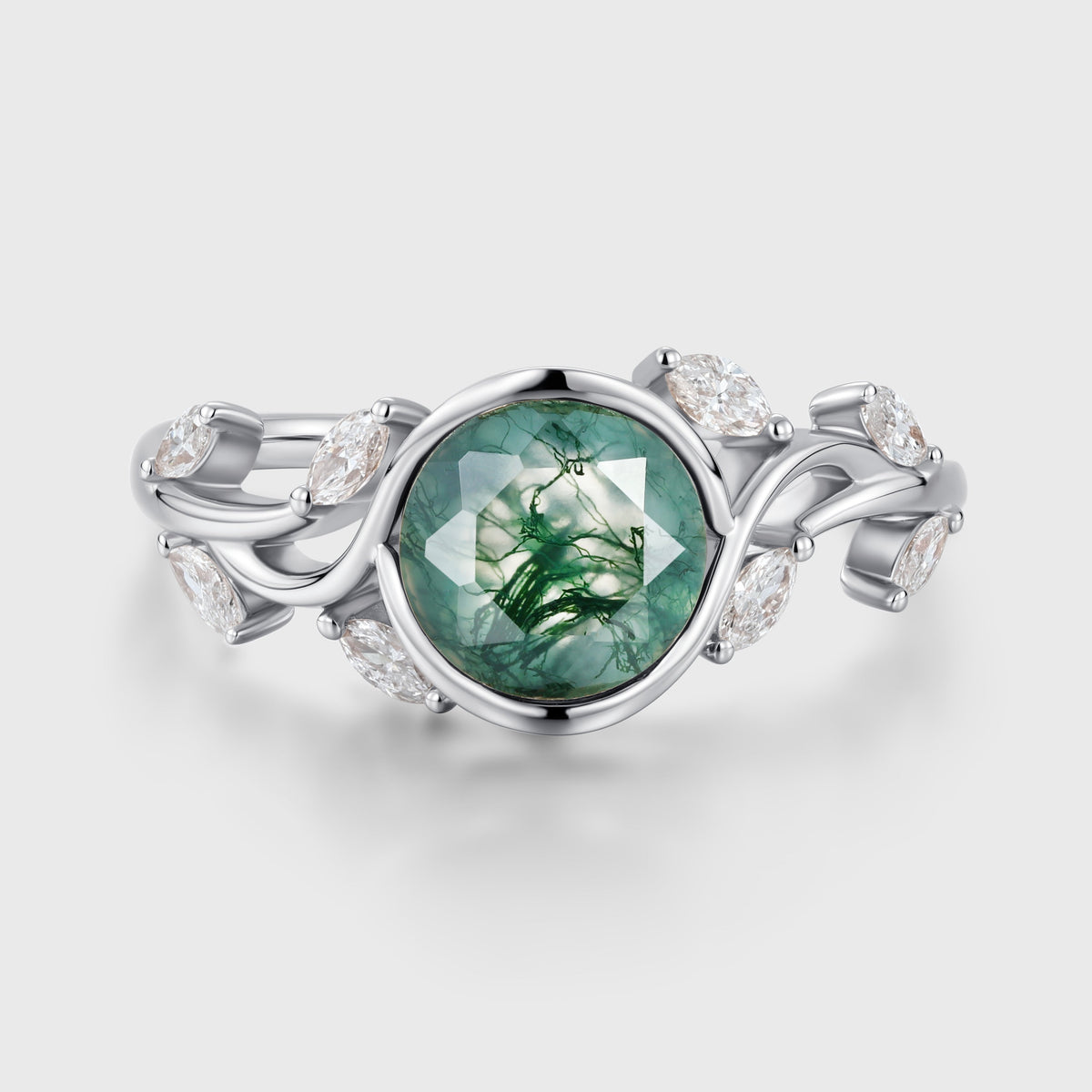 Nature Inspired Round cut Moss Agate Leaf Gold Engagement Ring