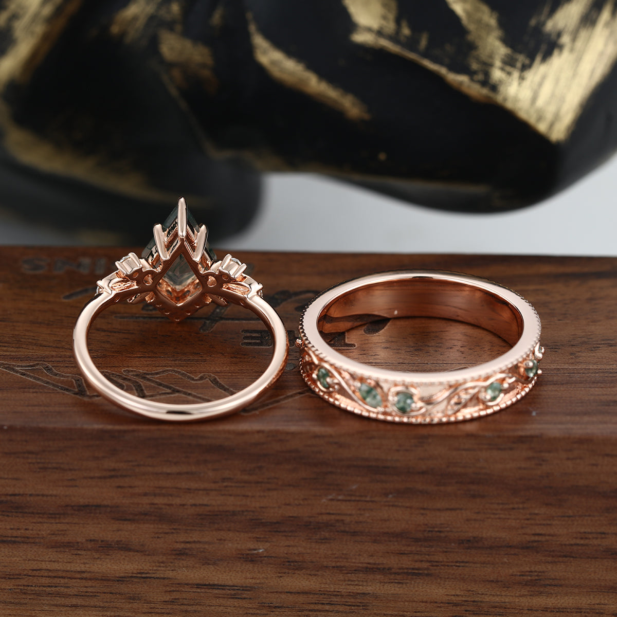 Forever Glow Moss Agate Couple Rings | Rose Gold Leaf Wedding Bridal Set (Copy)