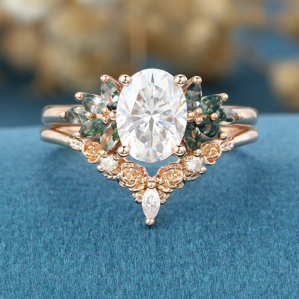 Oval Cut Moissanite+Moss Agate Rose Gold Wedding Bridal set