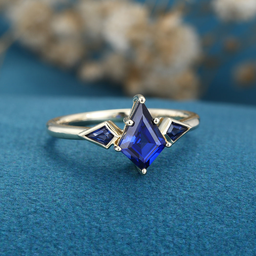 Kite Cut Lab Sapphire Yellow Gold Engagement Ring