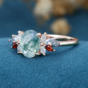 Natural Green Moss Agate Oval cut cluster Engagement Ring 