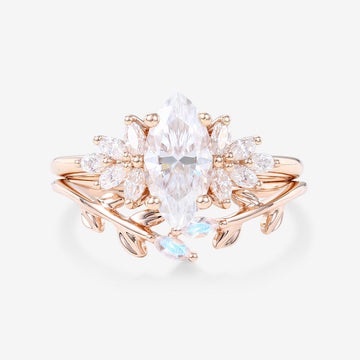 1.0Carat Marquise Cut Moissanite Engagement Ring set Rose Gold Moonstone Wedding Bridal Set