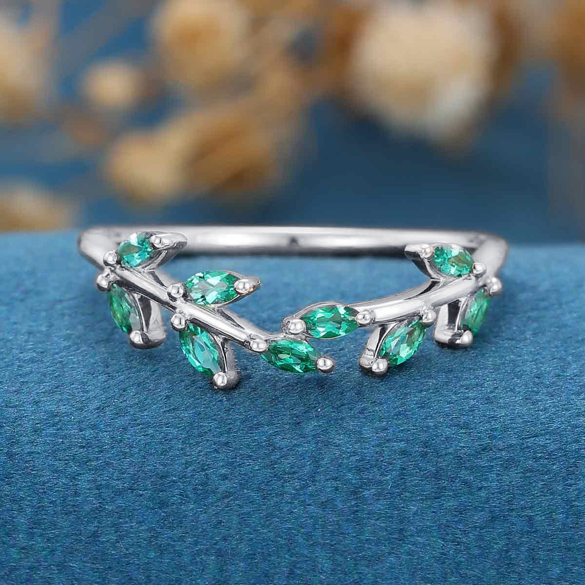 Marquise cut Natural Emerald Curved Wedding Band Ring