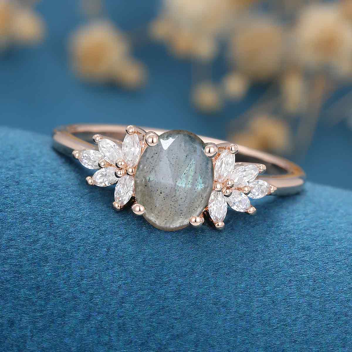 Oval cut Labradorite Cluster Engagement Ring 