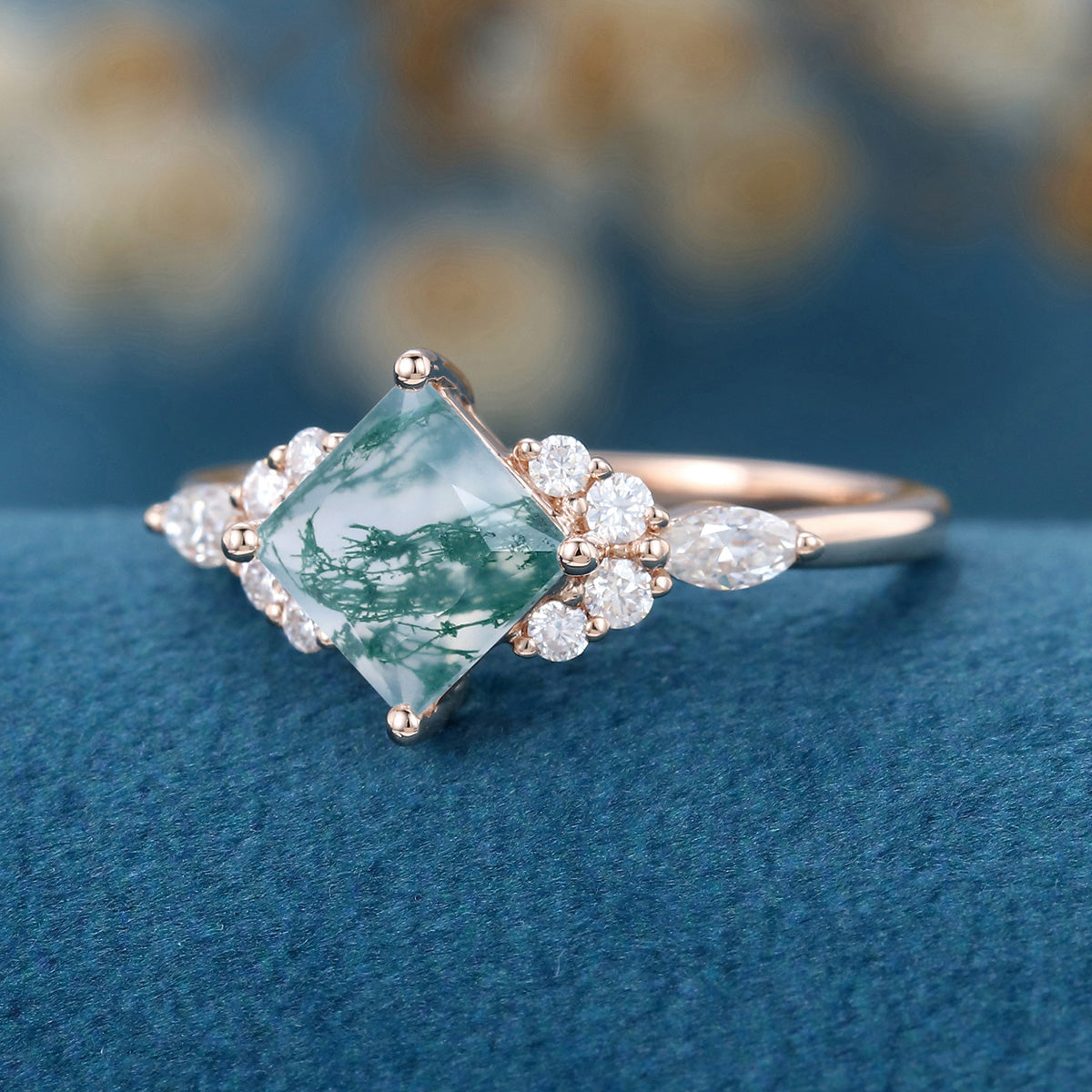 Natural Green Moss Agate Princess cut cluster Engagement Ring 