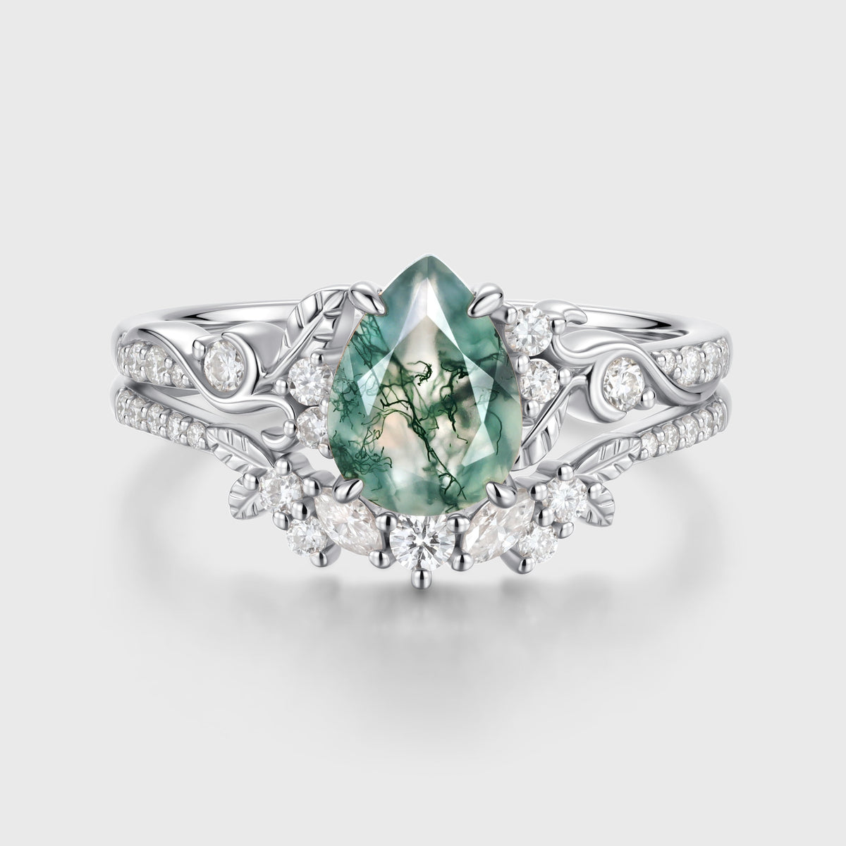 Pear cut Moss Agate Leaf‑Vine Bridal Set