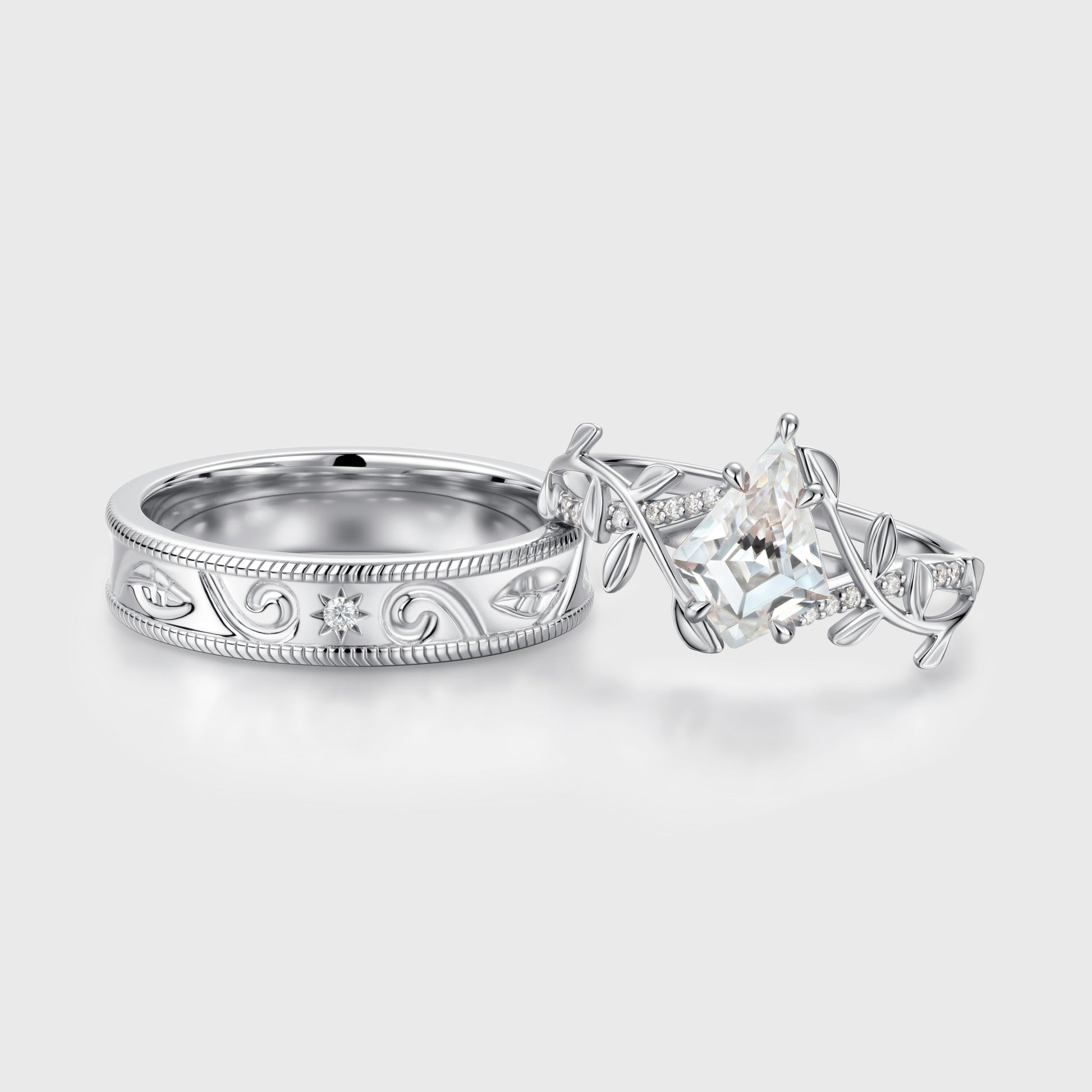 Forever Glow Moissanite Couple Rings |  D Color VVS1 | Rose Gold Leaf Wedding Bridal Set