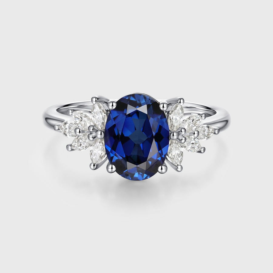 Oval cut Lab Sapphire Cluster Engagement Ring