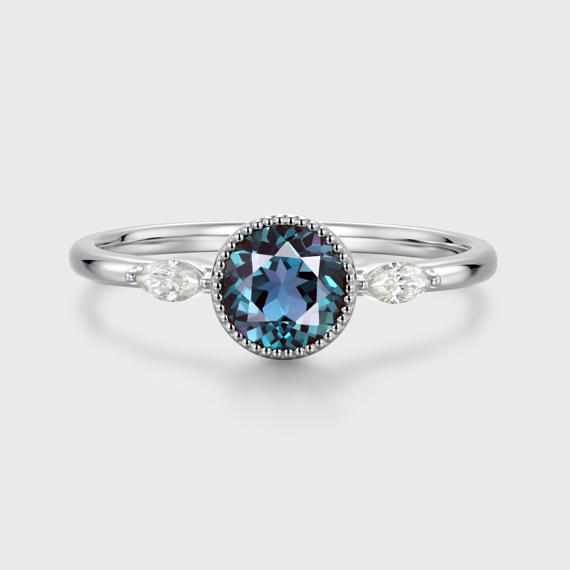Bezel setting Round cut Lab Alexandrite Gold Engagement Ring