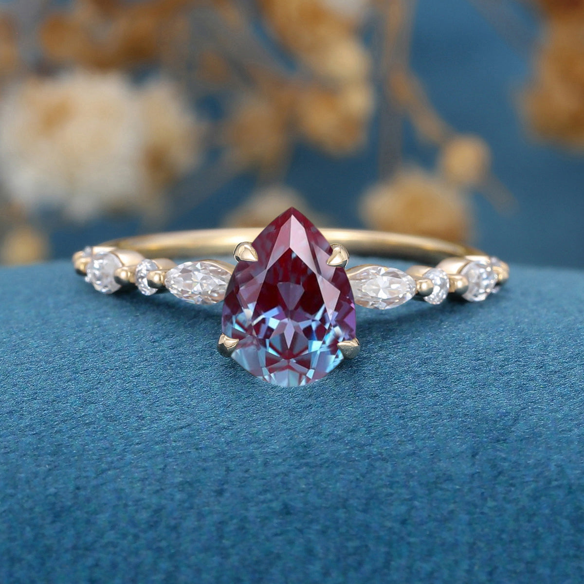 Pear cut Lab Alexandrite | Diamond Engagement ring