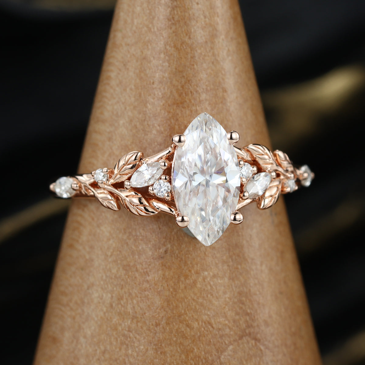 Nature Inspired Marquise cut Moissanite Leaf Gold Engagement Ring