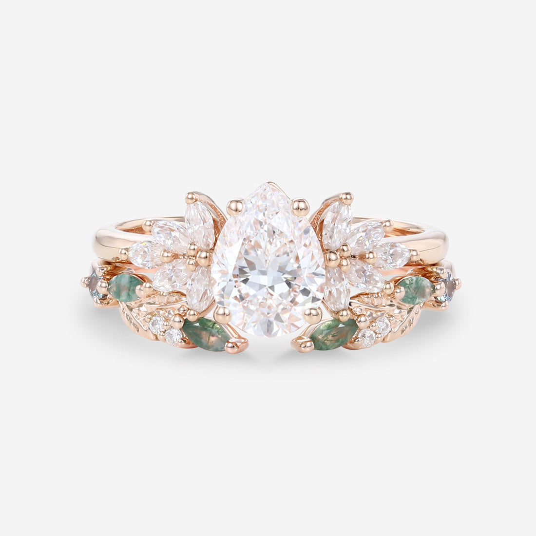 Pear cut Lab-Grown Diamond Engagement ring +Moss agate Wedding Bridal set