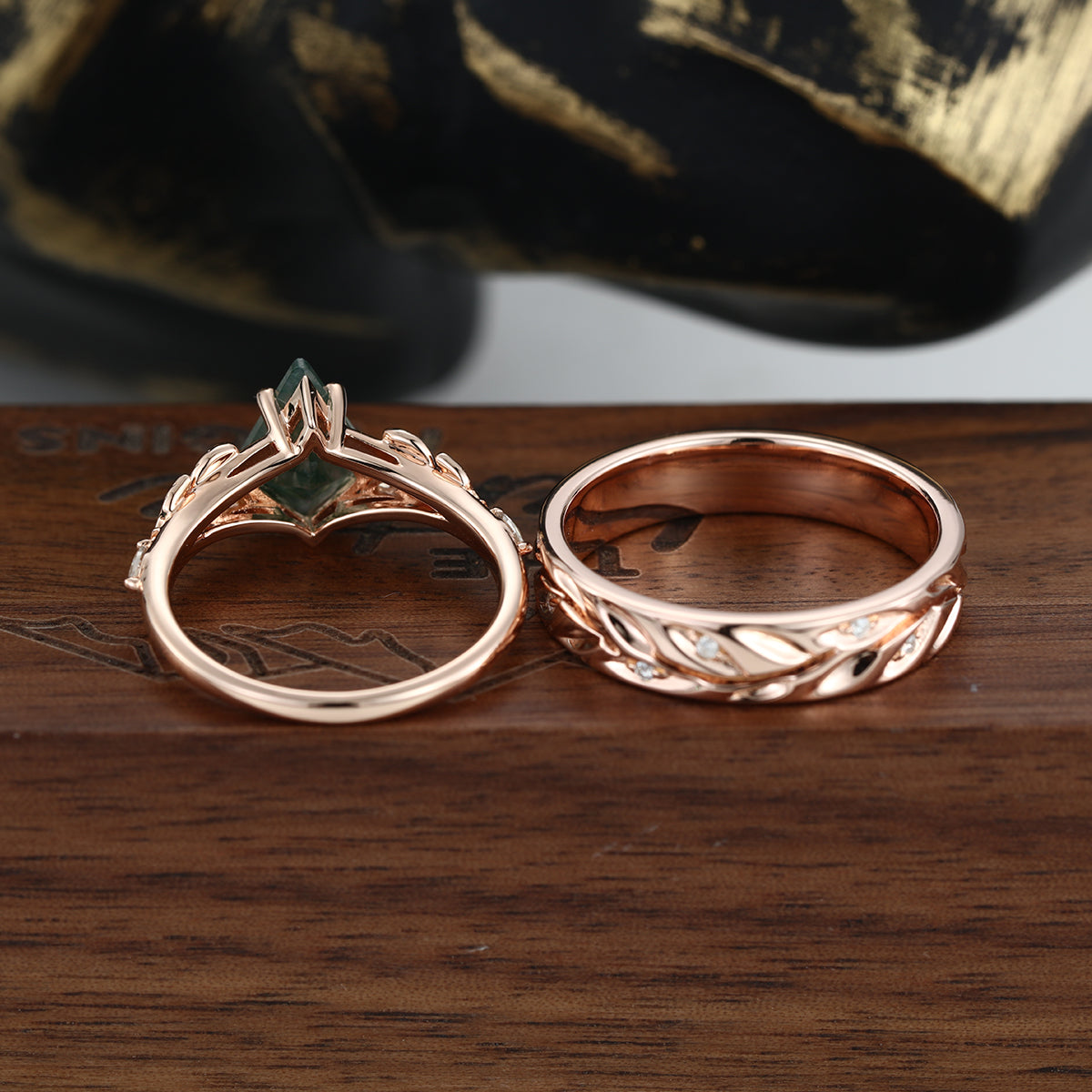 Forever Glow Moss Agate Couple Rings | Rose Gold Leaf Wedding Bridal Set