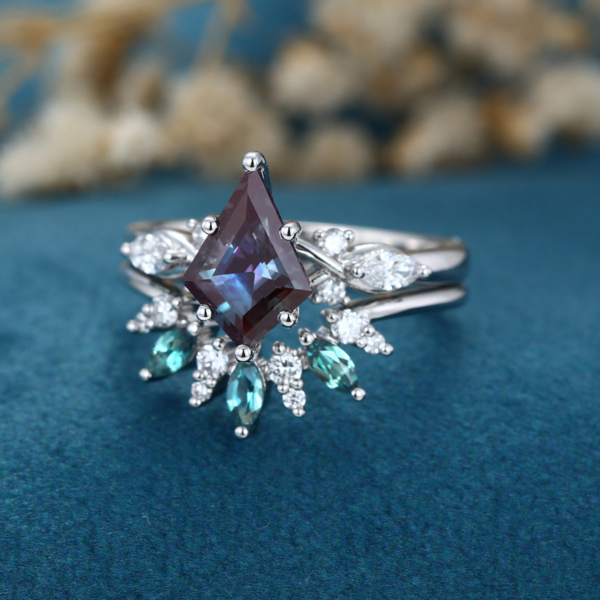 1.3 Carat Kite Cut Lab Alexandrite Wedding bridal set