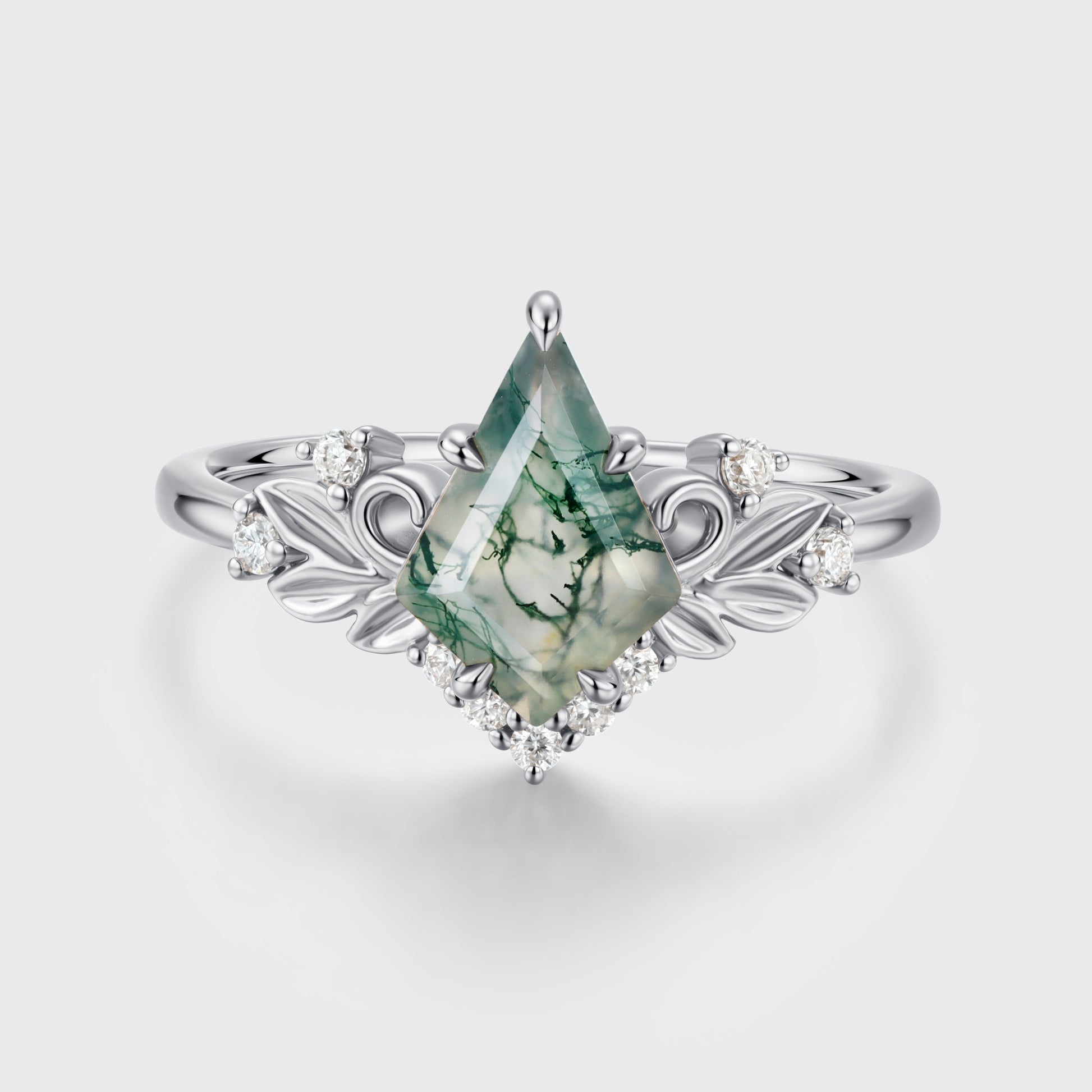 Nature Inspired Kite cut Moss Agate Leaf Gold Engagement Ring
