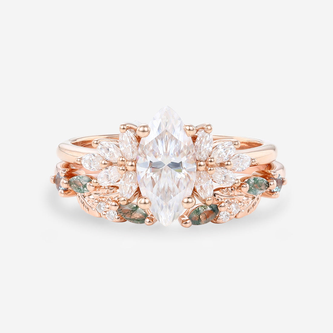 Marquise cut Moissanite Engagement ring +Moss agate Wedding Bridal set