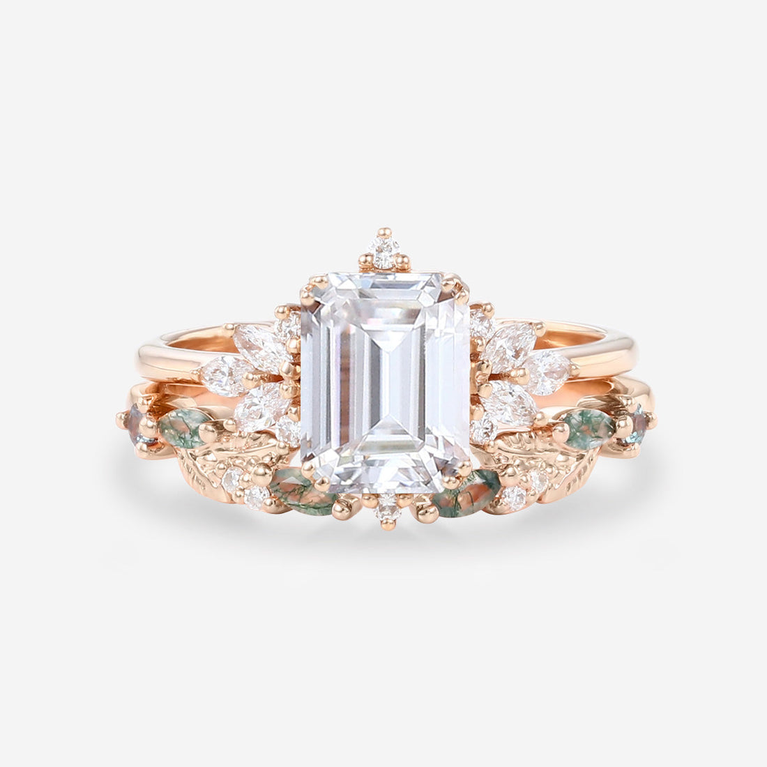Emerald cut Moissanite Engagement ring +Moss agate Wedding Bridal set