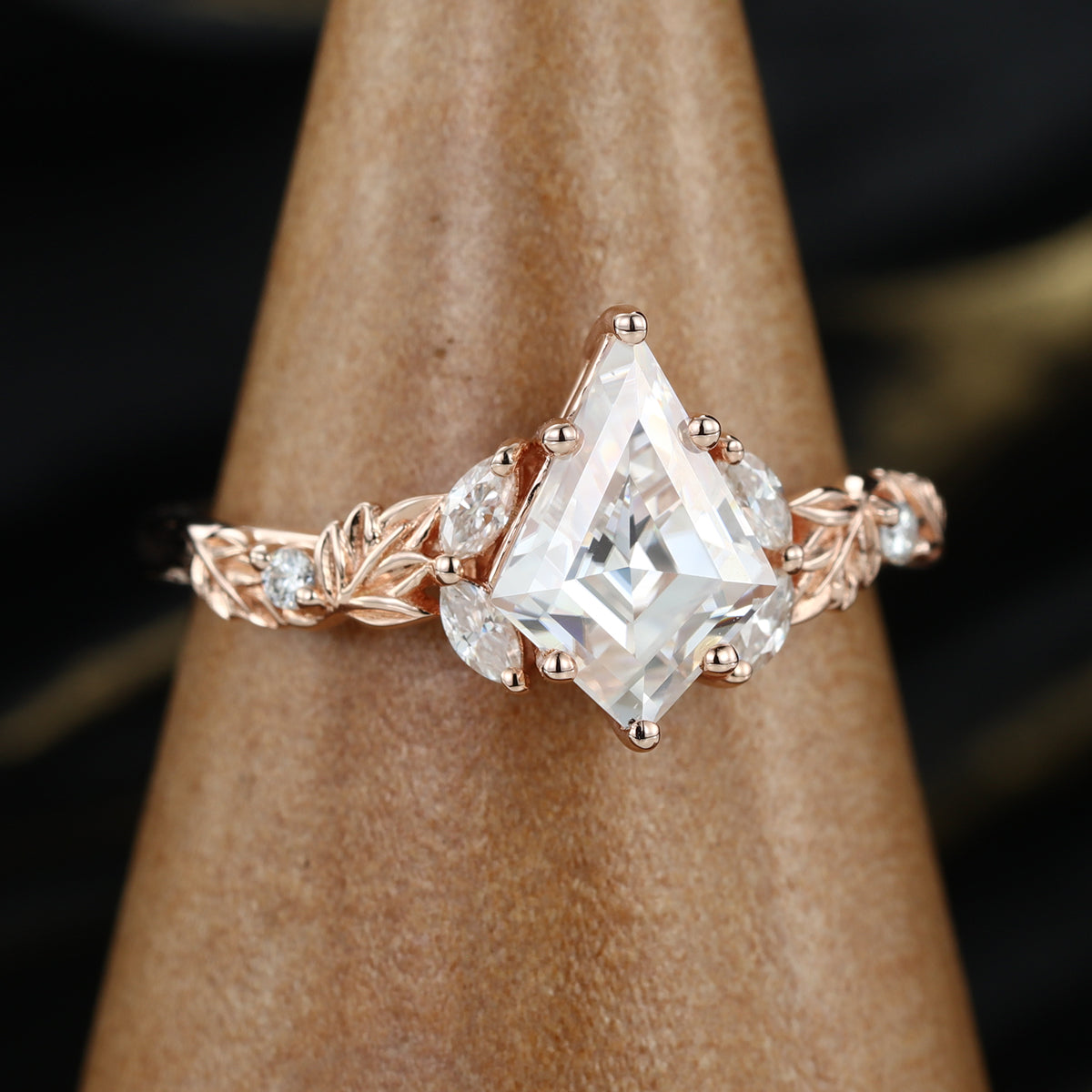 Nature Inspired Solid Gold Kite cut Moissanite Leaf Engagement Ring