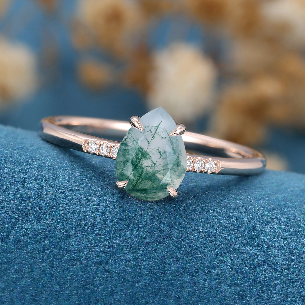 Natural Green Moss Agate pear cut cluster Engagement Ring 