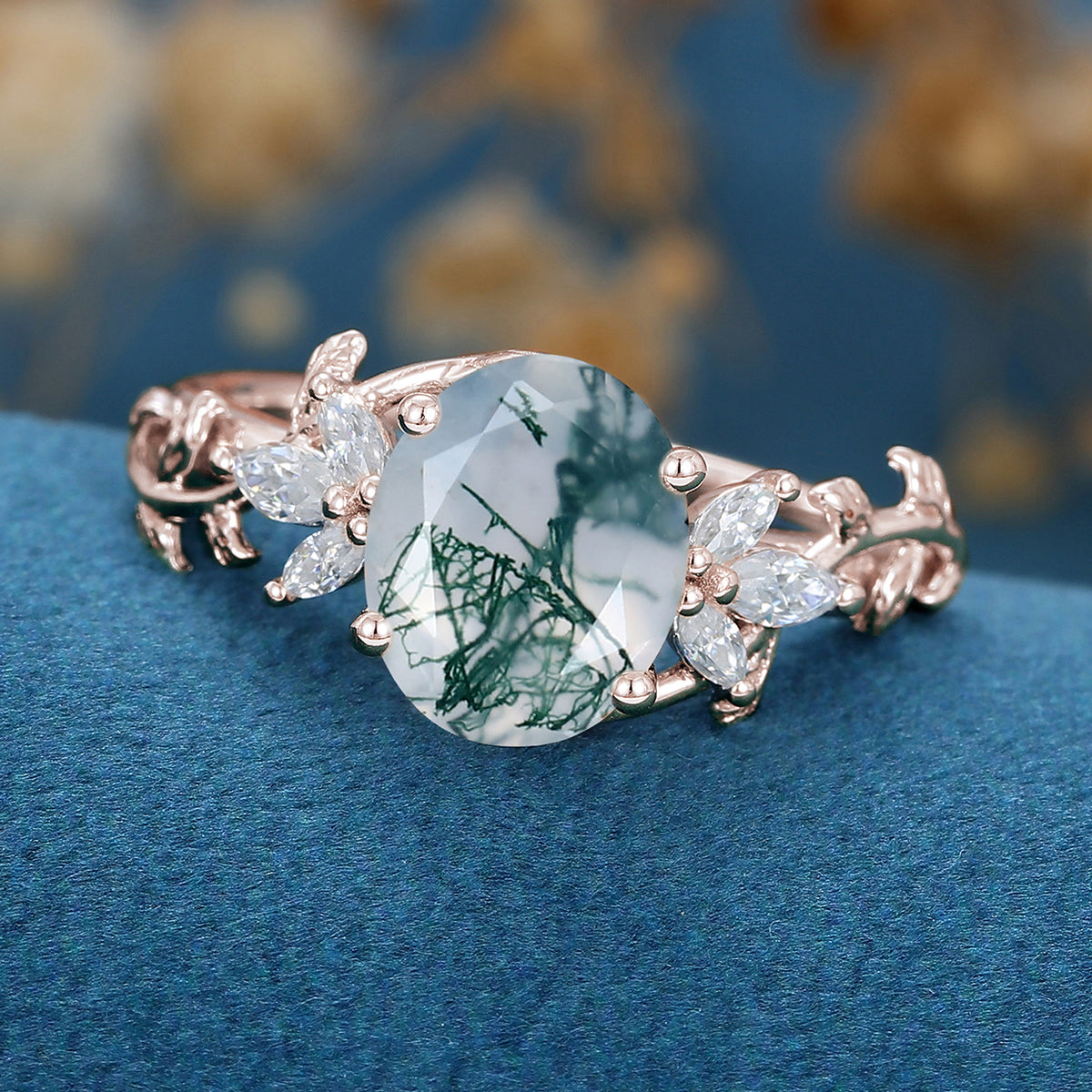 3Carat Natural Moss Agate Oval cut cluster Engagement Ring 