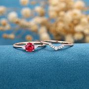 Round  cut Lab Ruby Cluster Engagement ring Bridal Set 